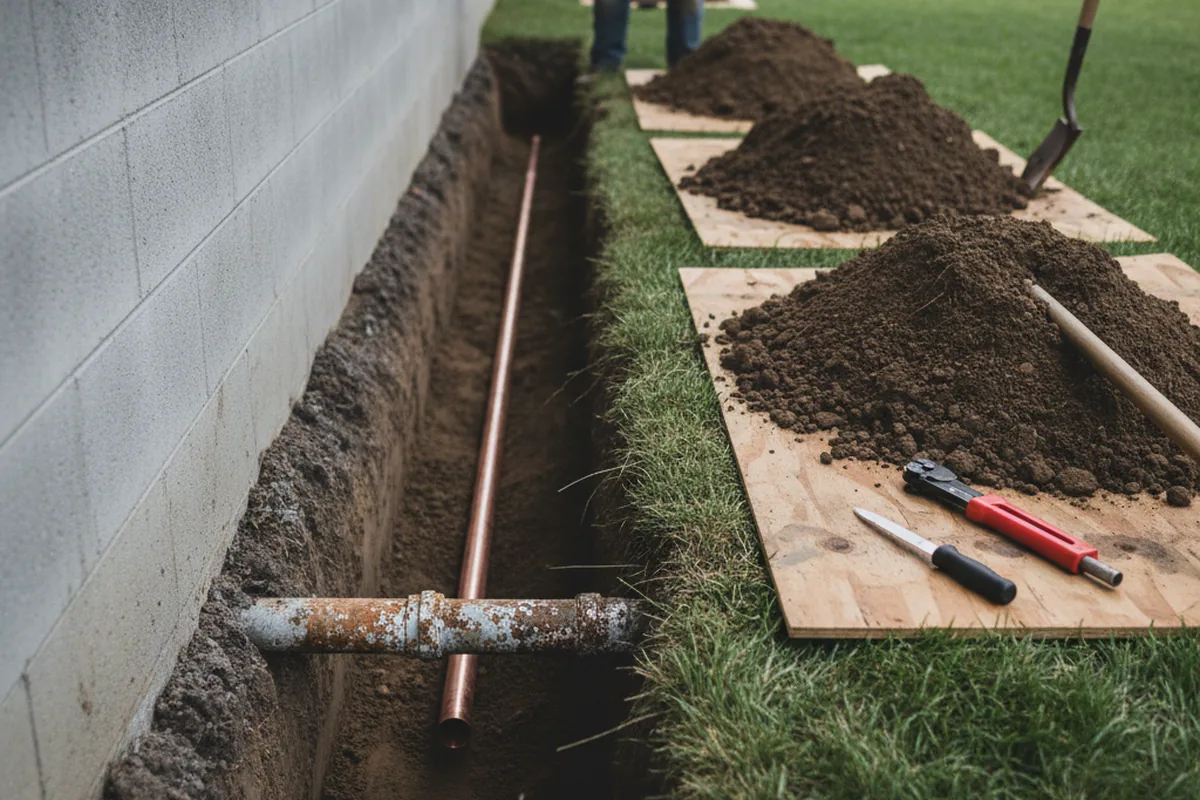 Excavated water line trench during Water Heater Repair in Saddle Brook